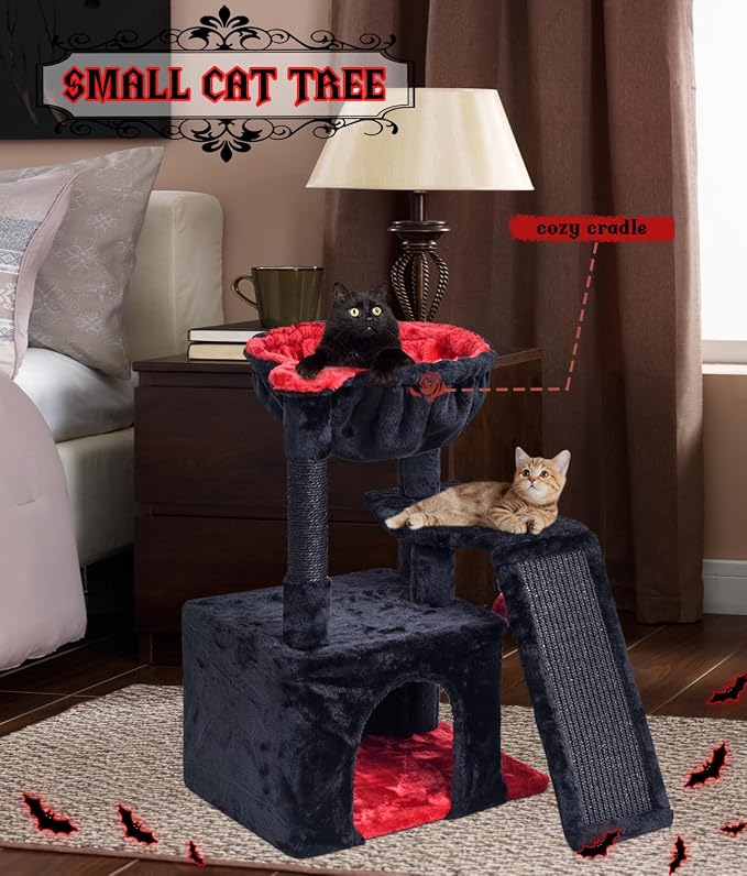 SYANDLVY Gothic Cat Tree for Indoor Cats Large Adult, Modern Activity Tower with Scratching Posts & Board, Condo with Plush Perch, Cradle & Hanging Ball & Spider for Play, Black