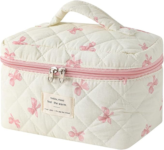 uekeboag Large Travel Quilted Makeup Bag for Women, Floral Cotton Cosmetic Bag, Coquette Aesthetic Floral Toiletry Organizer Bag