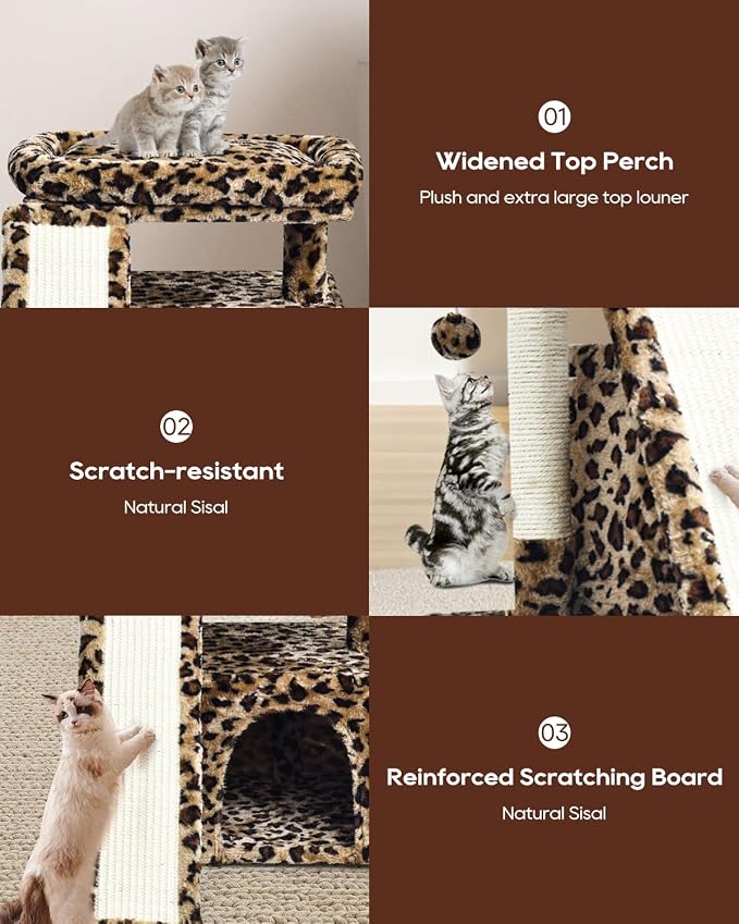 Small Leopard Print Cat Tree for Indoor Cats | Short Tower with Scratching Post, Ramp Pad, Condo with Perch Bed, Kittens Play House, Hanging Plush Ball & Cave for Resting (Leopard Print)