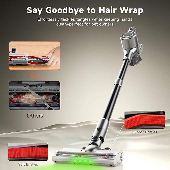 Cordless Stick Vacuum Cleaner - 45KPA Powerful Suction Vacuum with 45 Min Runtime, Detachable Battery, Anti-Tangle & 1.5L Dust Cup, 8 in 1 Vacuum Cleaner for Pet Hair, Carpet, HardFloor, Silver