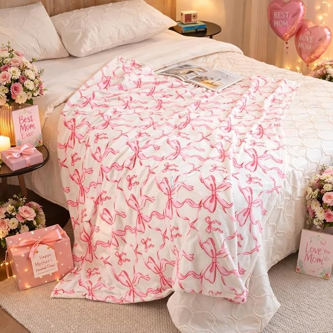 Pink Bow Throw Blanket –Spring Mother's Day Soft Fleece Blanket for Girls and Women, Coquette Aesthetic Room Decor for Bed, Couch, Chair, Preppy Bedroom or Gift, Cute Pink Bow Decor Blanket