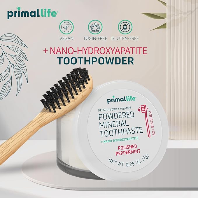 Primal Life Organics - Dirty Mouth Toothpowder, Tooth Cleaning Powder, Flavored Essential Oils with Natural Kaolin & Bentonite Clay, Good for 200+ Brushings, Organic, Vegan (Peppermint, 0.25 oz)