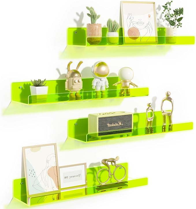 upsimples 4 Pcs 15" Acrylic Shelves for Wall Display, Fluorescent Green | Cute Floating Shelf for Perfume, Skincare, Nail Polish, Wall Organizer for Bedroom, Living Room, Playroom, Room Décor