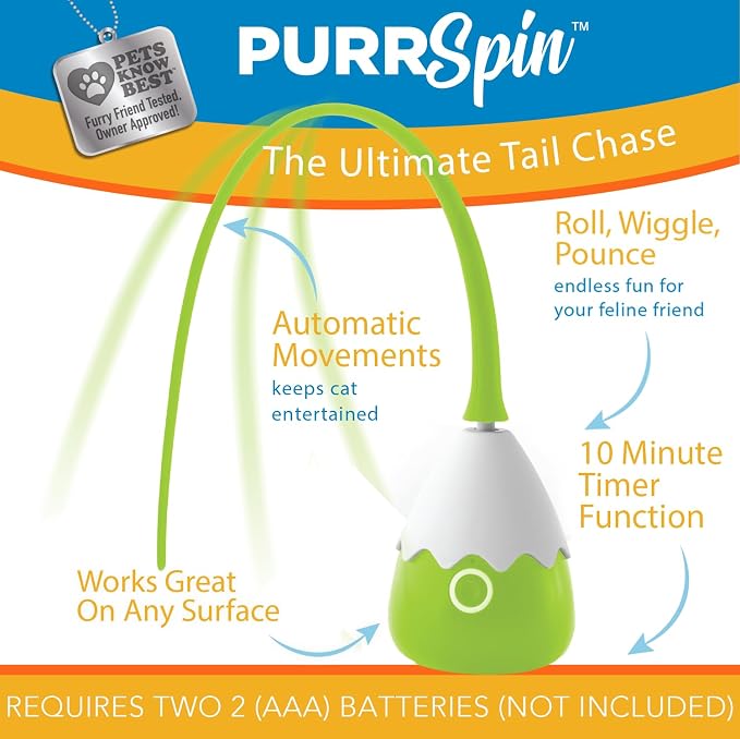 Pets Know Best PurrSpin Interactive Tail Chase Cat Toy- Unpredictable Movements, Automatic Timer, Multi-Speed for Active Play- Suits All Floor Types- Ultimate Cat Entertainment