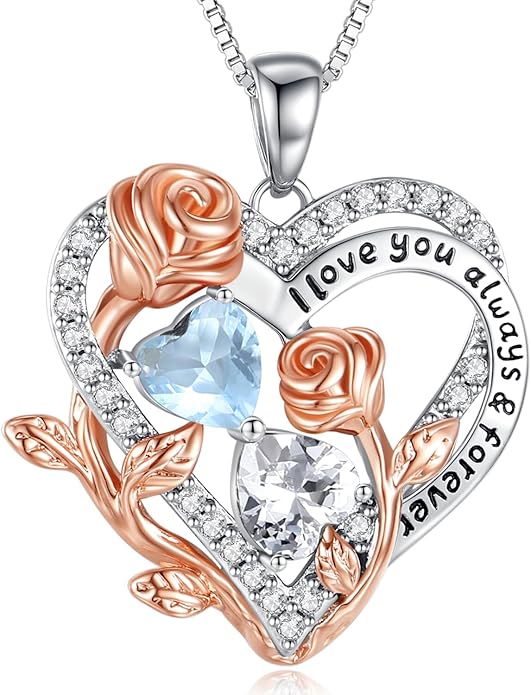 I Love You Birthstone Necklace, 925 Sterling Silver Heart Pendant with CZ Diamond Stones, Birthday Gifts for Women, Romantic Gift for Wife, Girlfriend, Her, Anniversary, Valentine's Day, Christmas