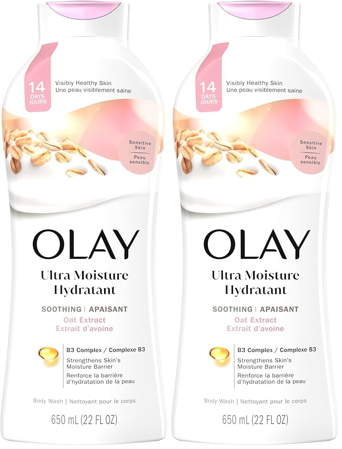 Olay Body Wash for Women,Ultra Moisture,For Sensitive Skin,Soothing Formula,24hr Moisturizing,Hydrating&Refreshing,B3 Vitamin Complex,Free of Parabens&Phthalates,Oat Extract Scent,22 fl oz,(Pack of 2)