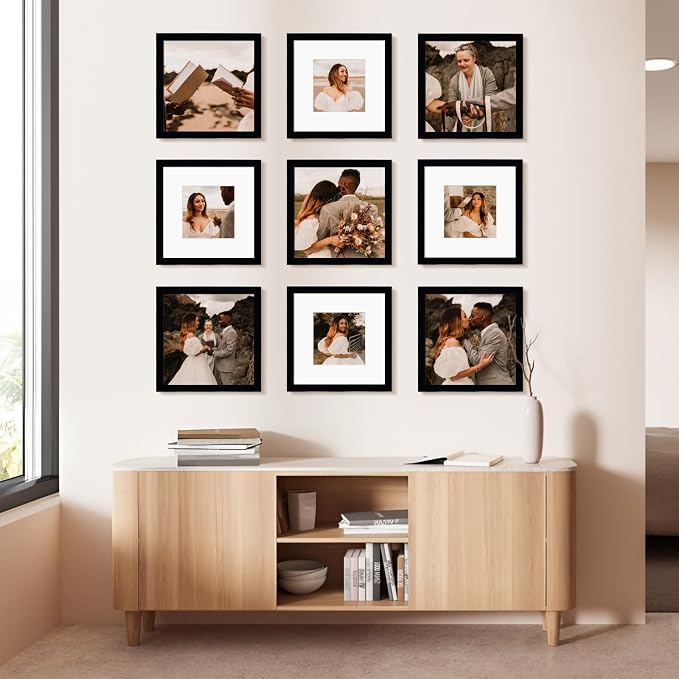 10x10 Picture Frame Set of 9, Display Pictures 8x8 with Mat or 10x10 without Mat, Multi Collage Gallery Square Photo Frames for Wall or Tabletop,Black