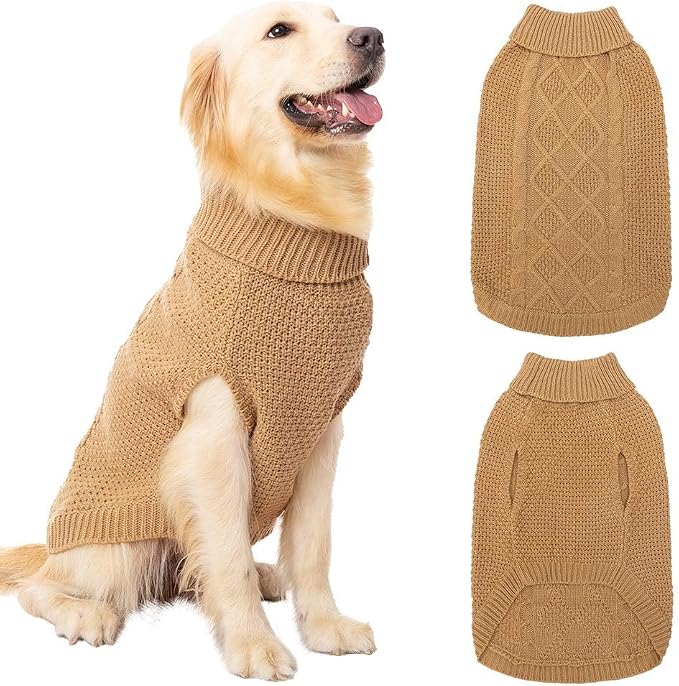 Mihachi Turtleneck Dog Sweater - Winter Coat Apparel Classic Cable Knit Clothes with Leash Hole for Cold Weather, Ideal Gift for Pet in New Year Khaki Medium