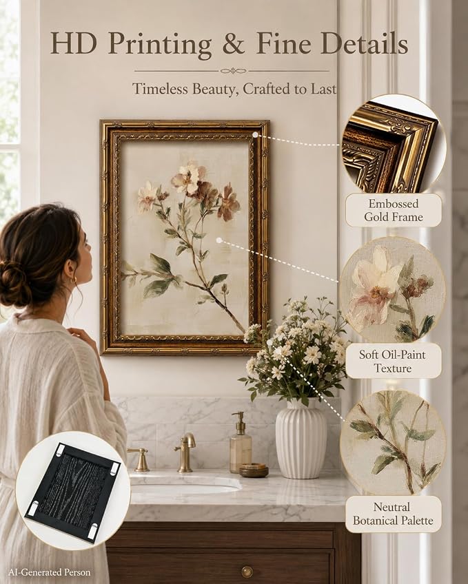 Wildflower Wall Art, Vintage Gold Framed Botanical Canvas, 12 x 16 in | Rustic farmhouse floral print for living room, bedroom, kitchen, hallway, cottagecore or country home decor.