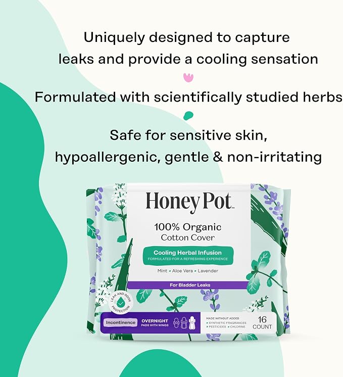The Honey Pot Company - Herbal Pads for Women - Organic Incontinence Overnight w/Wings - Infused w/Essential Oils for Cooling Effect - Postpartum Essentials - Feminine Care - 16 ct
