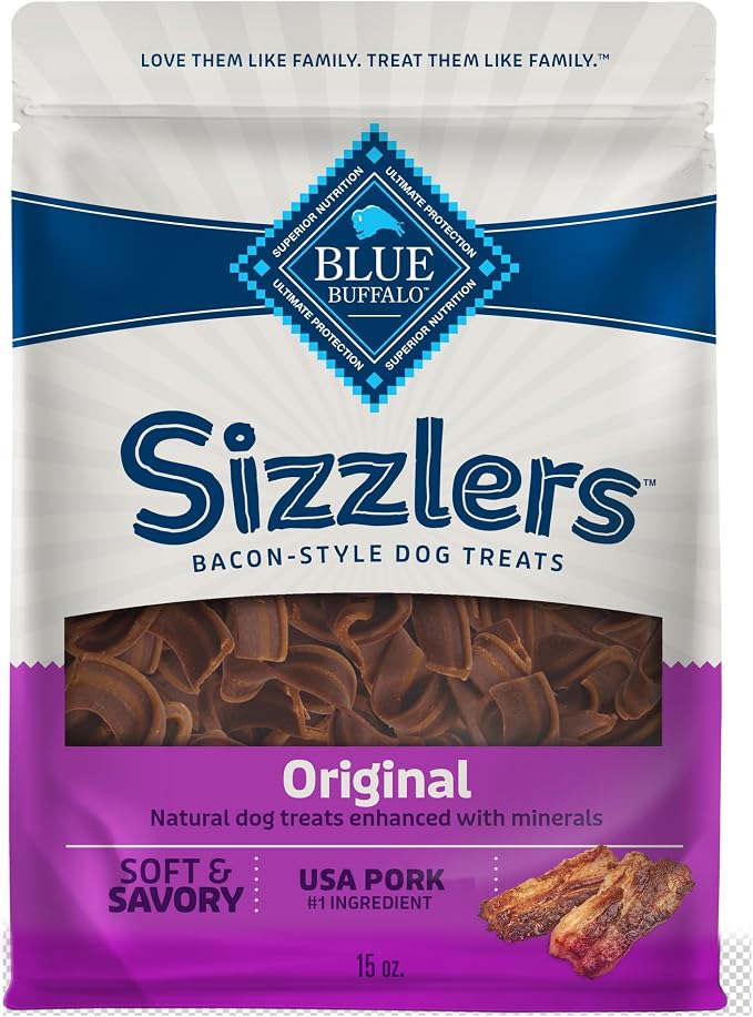 Blue Buffalo Sizzlers Pork Bacon-Style Dog Treats, 15 oz | Real USA Pork First, Soft & Chewy Texture, Tear for Portion Control, No Red 40, BHA, Corn, Wheat, or Soy