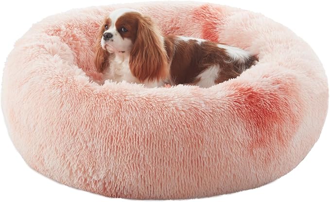30 in Faux Fur Fluffy Donut Dog Bed for Medium Dogs,Tie-dye Pink | Calming Plush Round Pet Bed with Removable & Washable Cover,Fits up to 45 lbs Pets