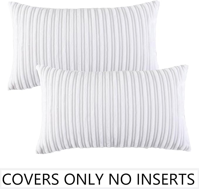 UGASA Pack of 2, Velvet Pillow Covers Striped, Soft Textured Throw Cushion Case Set, Accent Corduroy Lumbar Pillowcases with Hidden Zipper for Home Decor Indoor Outdoor (12"x20", Pure White)