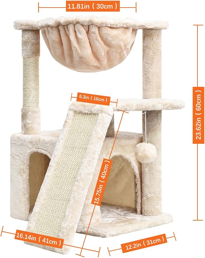 SYANDLVY Cat Tree for Indoor Cats Large Adults, Modern Activity Tower with Scratching Posts & Board, Condo with Plush Perch, Climbing Stand with Cradle & Hanging Ball for Play, Beige