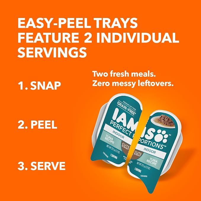 IAMS Perfect Portions Indoor Cuts in Gravy Wet Cat Food, Tuna, 24 Count | Made in USA, Snap, peel & serve, Vitamin E, prebiotic for digestion, no artificial flavors, 2.6 oz. twin-pack trays