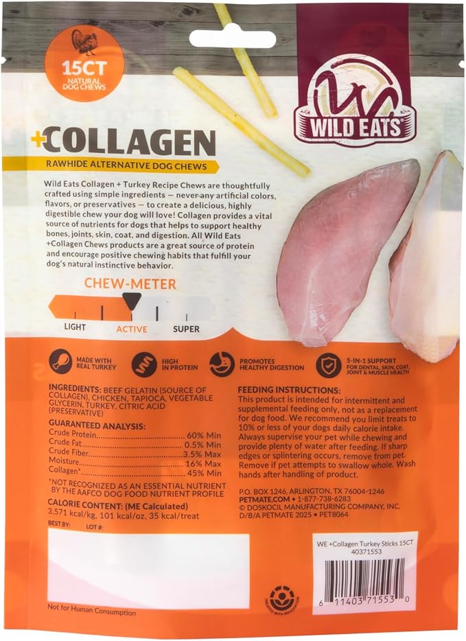 Wild Eats Turkey Collagen Sticks for Dogs (15 Pack, 1 cm Wide) Long Lasting Dog Chews No Hide Dog Treat Bully Stick Alternative, Rawhide Free, Grain Free, High Protein | Rawhide and grain free no hide chew treats, 1 cm chew width, high protein, long la...