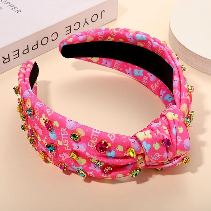 mokkia Easter Headbands Beaded Rabbit Bunny Headband for Women Pink Spring Knotted Headband Easter Hair Accessories Gifts