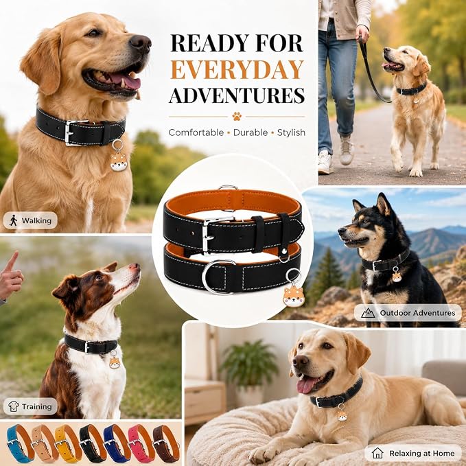 Genuine Leather Dog Collar, Soft Padded Leather Dog Collars with Airtag Holder Case for Small Medium Large X-Large Dogs,Comfort Heavy Duty Pet Collar with Durable Metal Buckle & D-Ring-Black/L