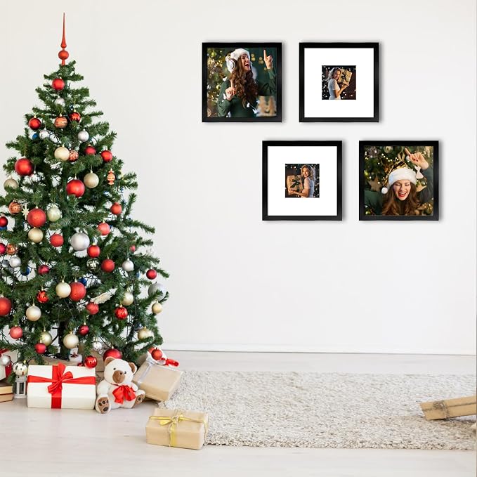 10x10 Picture Frame Set of 9, Display Pictures 8x8 with Mat or 10x10 without Mat, Multi Collage Gallery Square Photo Frames for Wall or Tabletop,Black