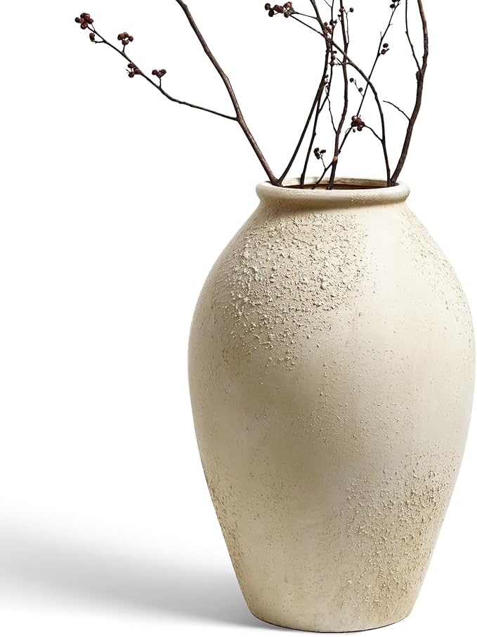LE TAUCI Ceramic Flower Vase, 13.2 Inch Large Rustic Farmhouse Vase, Tall Floor Vase for Home Decor, Living Room Table & Mantel Centerpiece, Watertight & Sturdy, Matte Sandy Beige White