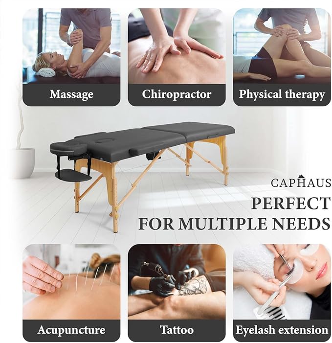 CAPHAUS Premium Memory Foam Massage Table, 84 Inch Foldable & Portable Massage Bed, Height Adjustable Spa Bed, Facial Cradle Salon Bed Wooden Legs & Carry Case, 28 Inch Wide, Black