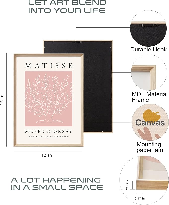 Framed Matisse Pink Wall Art Set of 3, Abstract Canvas Prints | 12x16IN High Framed Design Canvas Prints, Matisse Inspired Minimalist Wall Decor for Living Room Bedroom Bathroom