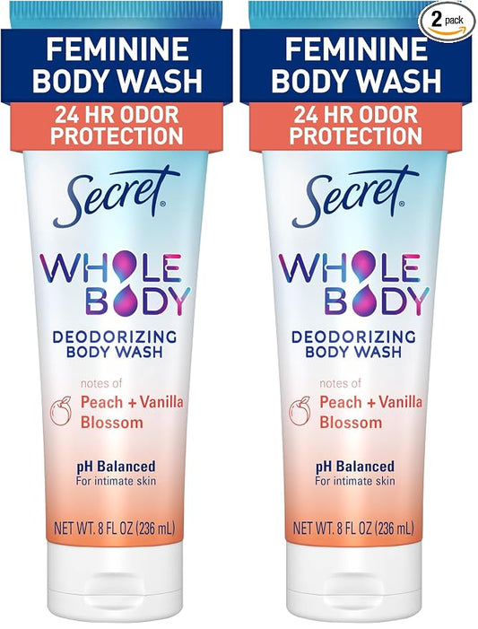 Secret Feminine Wash, 24 HR Deodorizing Feminine Body Wash for Women, Removes 6x Causes of Odor, PH Balanced, Safe to Use Everywhere, Peach & Vanilla Blossom Scent, 8.0 oz, (Pack of 2)