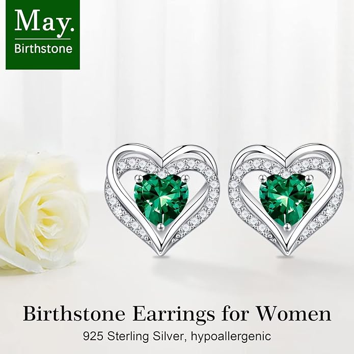 Iefil Christmas Earrings for Women, 925 Sterling Silver Birthstone Stud Earrings Birthday Gifts for Women