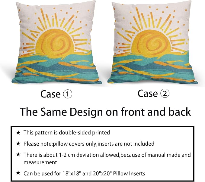Summer Sunrise Pillow Covers 22x22 Inch Set of 2 Bright Yellow Sun Beach Rustic Throw Pillow Cases Outdoor Linen Square Cushion Cover Farmhouse Decor for Bedroom Home Sofa Couch Bed