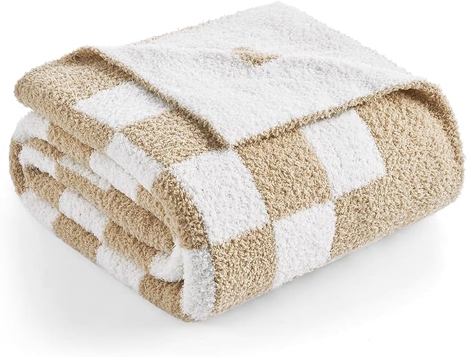 Snuggle Sac Checkered Throw Blanket for Couch, Super Soft, Cozy Warm Knit Blankets, Reversible Fluffy Checker Throws for Sofa, Bed, Checkered Beige, 50x60 Inches