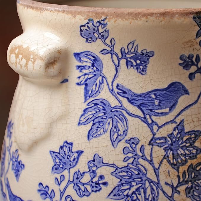 English Country Ceramic Planter, 6.7" Chinoiserie Vase & Utensil Holder | Vintage Crock Flower Pot with Drainage for Indoor & Outdoor Use, Rustic Farmhouse Kitchen & Garden Decor Gift (Blue Bird)