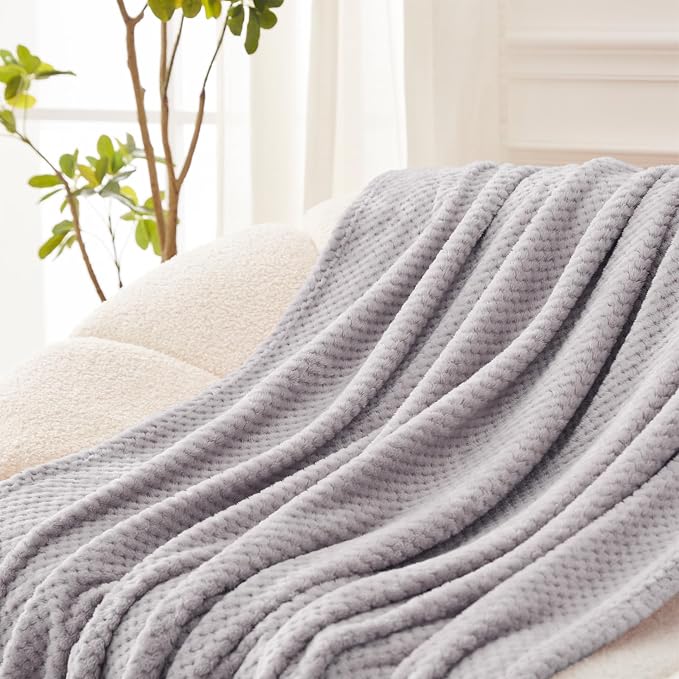Exclusivo Mezcla Large Waffle Fleece Throw Blanket for Couch, Light Gray | Lightweight Soft Blanket for Sofa, Bed, Living Room, Plush Fluffy Throw for Home Decor, Travel, All Season, 50x70 Inches