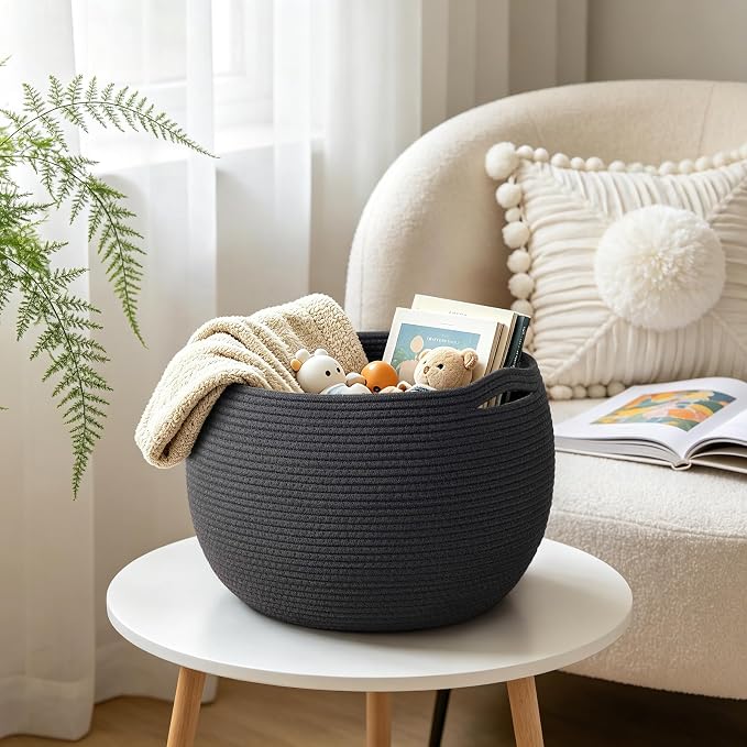 Goodpick Large Woven Storage Basket with Handles, 15.7" x 10.5", Black | Round Toy Storage for Kids, Cotton Rope Basket for Nursery Living Room, Holds Blankets, Toys & Baby Shower