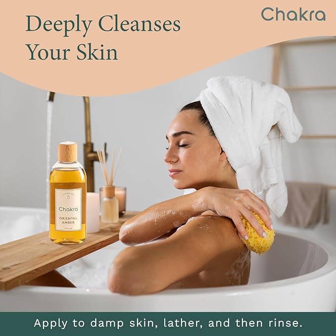 Chakra Body Wash for Women & Men - Moisturizing Shower Gel for Deep Cleansing and Silky Skin - Gentle Daily Body Care with Long-Lasting Freshness, 8.45 fl oz, Oriental Amber