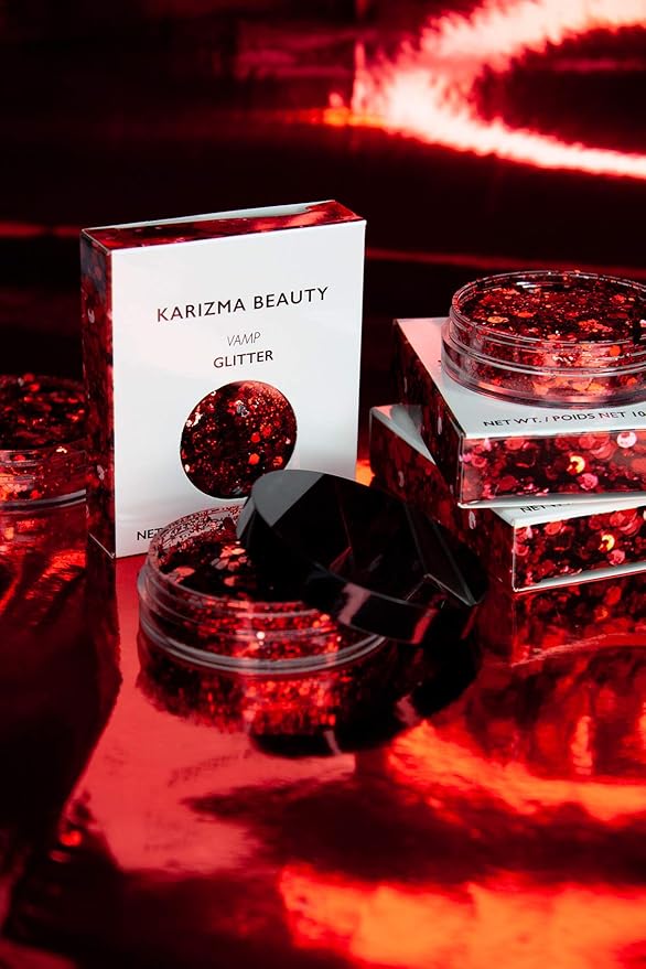KARIZMA Vamp Glitter. 10g Chunky Face, Hair, Eye and Red Body for Women. Rave, Festival Accessories, Cosmetic Makeup. Loose Set