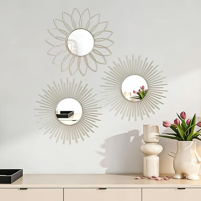 3 Pack Metal Mirrors for Wall Sunburst Wall Mirrors Home Décor Decorative Hanging Wall Art for Living Room Bedroom Entryway (Silver2, Flower+Sunburst)