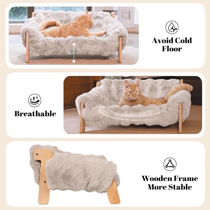 Elevated Cat Couch Bed Wooden Raised Kitty Sofa Lounge Chair | Washable Fluffy Cover Wooden Elevated Pet Furniture for Indoor Cats and Puppy(Gray)