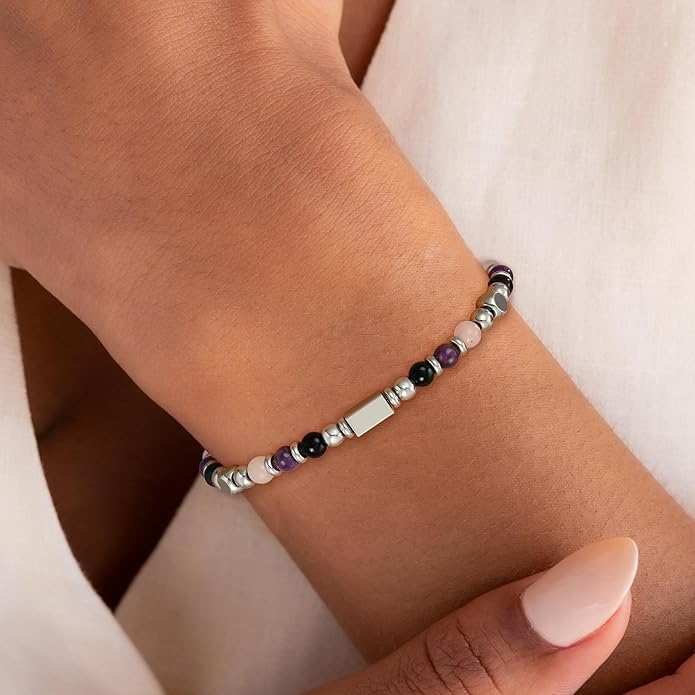 Natural Healing Crystal Bracelet for Women, Triple Protection Anxiety Relief New Beginnings Good Luck Empath Protection Jewelry Gift for Friends Daughter Mom 6.5+1.8 Inches