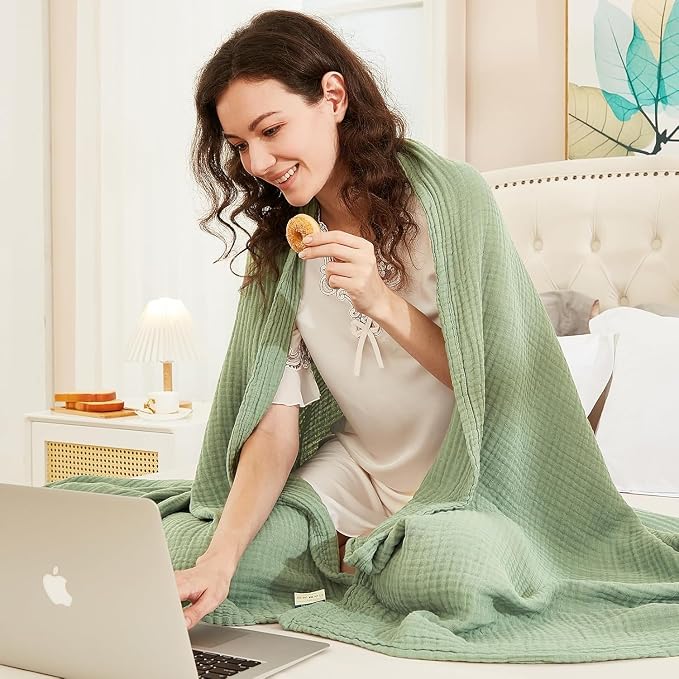 EMME Muslin Blankets for Adults Throw Blanket for Couch Breathable Gauze Soft Lightweight Airy Sage Green Throw XL 50" x 71"