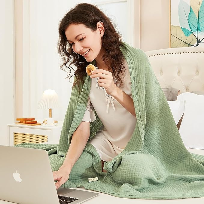 EMME Muslin Blankets for Adults Throw Blanket for Couch Breathable Gauze Soft Lightweight Airy Sage Green Twin XL 66" x 90"