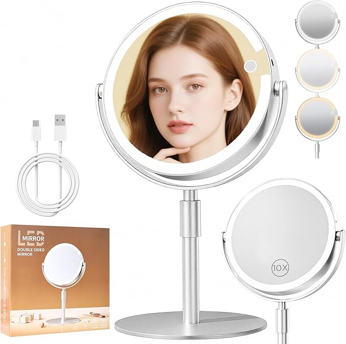 FRANO Lighted Makeup Mirror with Magnification (1X/10X), 8" Round Magnifying Vanity Mirror with Lights, Cordless Double Sided Light Weight Aluminum Alloy - Gifts Idea
