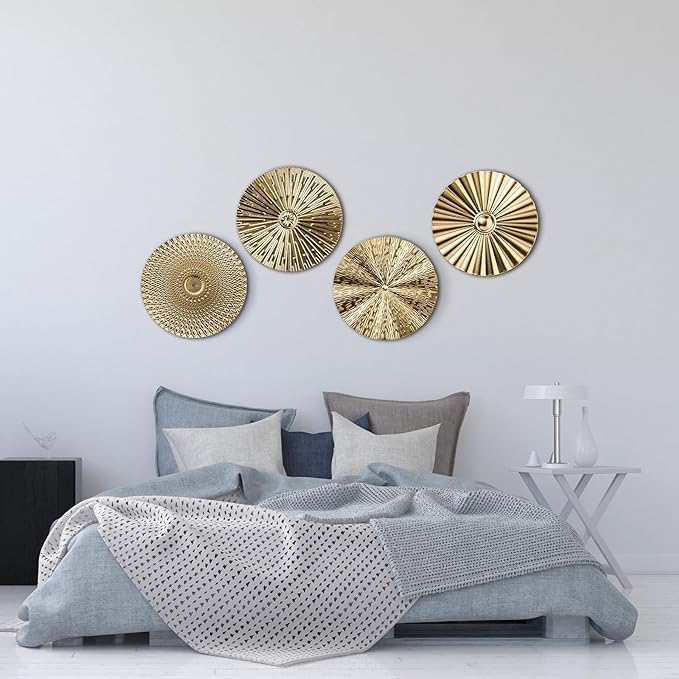 Hicarer 4 Pcs 12 Inch Gold Metal Wall Art Decor Modern Sunburst Hanging Artwork Decor Wall Decorations for Home Bedroom Bathroom Living Room Office Sculpture Gift
