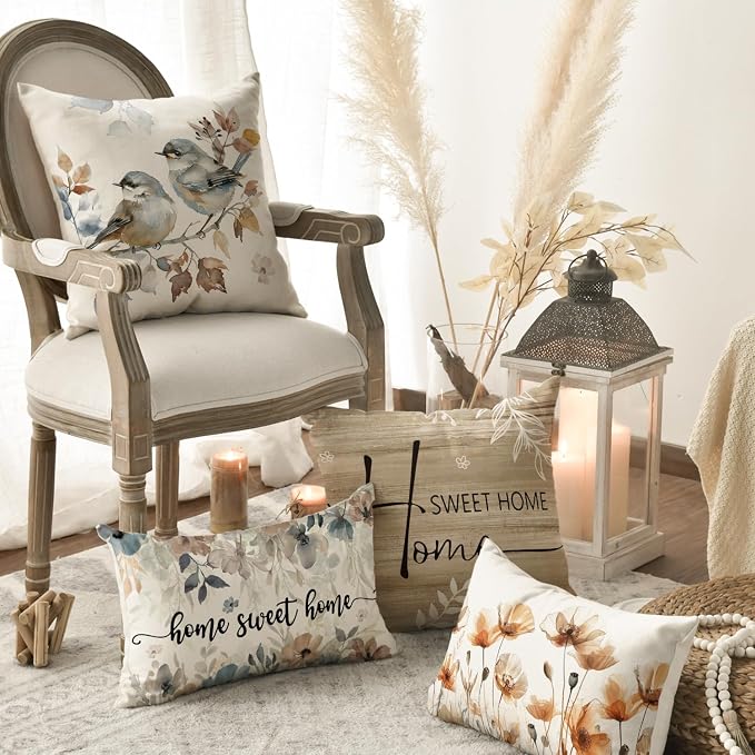 AVOIN colorlife Chinoiserie Poppy Flowers 16x16 Inch Pillow Covers Set of 4 | Chickadee Home Sweet Home Floral Seasonal Autumn Harvest Decoration for Sofa Couch Farmhouse Living Room Decor