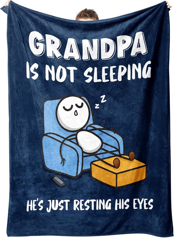 Funny Grandpa Birthday Gifts, Grandpa is Not Sleeping Blanket | Grandpa Gifts from Grandkids, Super Soft Throws Blanket for Napping, Promoted to Grandpas Gifts, 50" x 60" (Navy Blue)