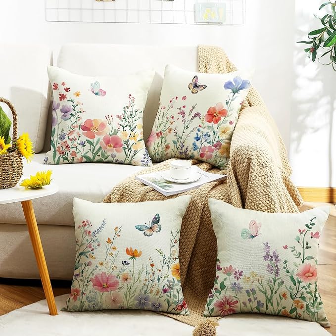 wyooxoo Spring Pillow Covers 18x18 Set of 4 Summer Farmhouse Throw Pillow Covers Floral Butterfly Decorative Cushion Cases for Sofa Couch Patio Bedroom