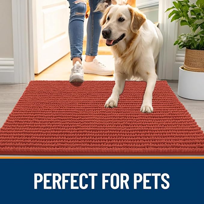 OLANLY Dog Door Mat for Muddy Paws 44x24, Extra Absorbent Chenille Mud Mat | Maple Red, Absorbs Moisture and Dirt, Non-Slip Machine Washable Doormat, Quick-Drying Indoor Entryway Floor Mat for Dogs