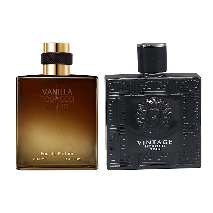 AFLUXE 2PCS Mens Perfume Cologne Long Last Strong EDP Natural Spray Gift Set, with Cocoa, Dried Fruits, Woody Fragrance for Daliy Use, 3.4 Fl Oz / 100 mL Each (Vintage Heroes Noir & Vanilla Tobacco)