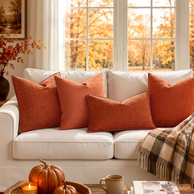 MIULEE Fall Decorative Lumbar Throw Pillow Covers 12x20 Inch Rust 2 Pack | Terracotta Farmhouse Pillow Covers with Stitched Edge, Soft Chenille Cushion Cases, for Couch Sofa Bed Living Room Home Decor