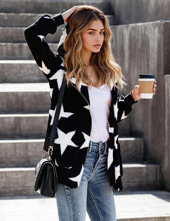 Zilcremo Women Hooded Cardigan Fuzzy Jacket Winter Open Front Fleece Coat Outwear with Pockets