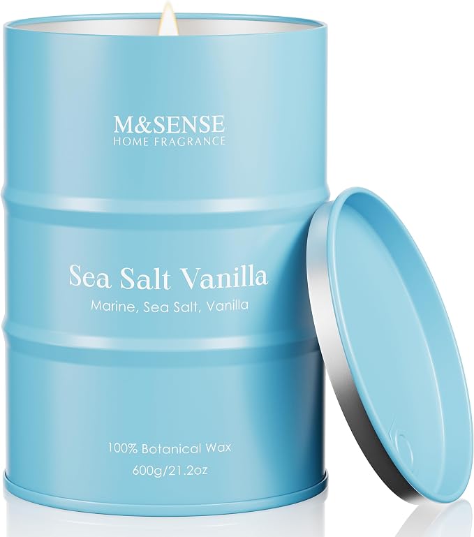 M&SENSE Sea Salt Vanilla Scented Candles Large Beach Candle, Natural Soy Summer Candles 21.2oz 120 Hour Slow Burning,Aromatherapy Candle for Stress Relief Meditation Relaxing